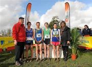 16 February 2011; Podium finishers, from left, Rebecca Kennedy, Presentation SS, Kilkenny, fourth place, Nicole Cuskelly, Killina SS Tullamore, third place, Ella Fennelly, Mount Anville, first place, and Deirdre Healy, Ratoath College, second place, with Suzanne O'Dea, Aviva, and Fr. Ailibe O'Murchu OFM, President of the Leinster Schools' Athletics Union, following the Junior Girls event at the Aviva Leinster Schools Cross Country. Santry Demesne, Santry, Dublin. Picture credit: Stephen McCarthy / SPORTSFILE