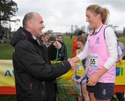 16 February 2011; Jim Dowdall, CEO of Aviva Ireland, presents Sarah Hawkshaw, Mount Sackville, with her third place medal following the Intermediate Girls event at the Aviva Leinster Schools Cross Country. Santry Demesne, Santry, Dublin. Picture credit: Stephen McCarthy / SPORTSFILE