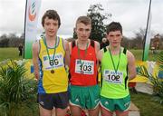 16 February 2011; Podium finishers, from left, Cillian O’Maonigh, Colaiste Eoin, third place, Aaron Hughes, St Mary’s Drogheda, first place, and Shane Fitzsimons, St Joseph’s Rochfortbridge, second place, following the Intermediate Boys event at the Aviva Leinster Schools Cross Country. Santry Demesne, Santry, Dublin. Picture credit: Stephen McCarthy / SPORTSFILE