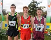 16 February 2011; Podium finishers, from left, Jake Byrne, St Joseph's Rochfordbridge, third place, Kevin Dooney, CBC Monkstown, first place, and Liam Brady, St Brendan’s Birr, second place, following the Senior Boys event at the Aviva Leinster Schools Cross Country. Santry Demesne, Santry, Dublin. Picture credit: Stephen McCarthy / SPORTSFILE