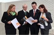 12 October 2016; Minister of State for Tourism and Sport, Patrick O'Donovan TD, second from right, with John Treacy, Chief Executive, Sport Ireland, Emma Jane Clarke, left, Director of Governance and Partnerships at Sport Ireland and Dr Úna May, Sport Ireland Director of Participation and Ethics, pictured at launch of the 2015 Sport Ireland SPEAK Report at the Conference Centre at the Sport Ireland National Sports Campus. The SPEAK report provides an overview of the work of the 29 Local Sports Partnerships across the country, and highlights the innovative good practice projects and programmes that are being operated locally. Photo by Matt Browne/Sportsfile