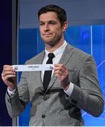 13 October 2016; Tipperary hurler Seamus Callanan draws out the name of Cork while making the draw for the Munster GAA Hurling Senior Championship during the draw for the 2017 GAA Provincial Senior Football and Hurling Championships. RTE Studios, Donnybrook, Dublin. Photo by Brendan Moran/Sportsfile