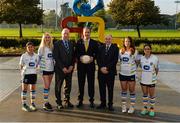 14 October 2016; UCD players, from left, Thu Thi Le, Claire O'Neill, Petra Ormel and Gladys Kate Pascual, with from left, Brian Mullins, Director of Sport, UCD, Ollie Brogan, ESB International, and UCD President Prof. Andrew Deeks at the launch of the UCD GAA International team who will compete in the Asian Games this November. UCD at Belfield in Dublin. Photo by Piaras Ó Mídheach/Sportsfile