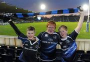 25 February 2011; Leinster fans, from left, Tim Perry, age 10, Eoin Cooney, age 11, and Spencer Loughman, age 12, from Athy, Co. Kildare, at the Leinster v Benetton Treviso match, Celtic League match, RDS, Ballsbridge, Dublin. Picture credit: Brian Lawless / SPORTSFILE