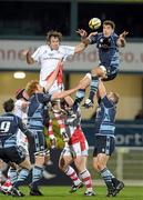 25 February 2011; Andries Pretorius, Cardiff Blues, wins possession in the line-out against Pedrie Wannenburg, Ulster. Celtic League, Ulster v Cardiff Blues, Ravenhill Park, Belfast, Co. Antrim. Photo by Sportsfile