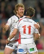 25 February 2011; Craig Gilroy, Ulster, is congratulated after scoring his side's first try by team-mate Andi Kyriacou, left. Celtic League, Ulster v Cardiff Blues, Ravenhill Park, Belfast, Co. Antrim. Photo by Sportsfile