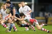 25 February 2011; Dafydd Hewitt, Cardiff Blues, is tackled by Adam D'Arcy, Ulster. Celtic League, Ulster v Cardiff Blues, Ravenhill Park, Belfast, Co. Antrim. Photo by Sportsfile