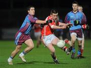 25 February 2011; Kiefer Morgan, St. Patrick's Academy, Dungannon, in action against Louis Leonard, St. Michael's, Enniskillen. BT MacRory Cup Semi-Final, St. Patrick's Academy, Dungannon v St. Michael's, Enniskillen, Healy Park, Omagh, Co. Tyrone. Picture credit: Oliver McVeigh / SPORTSFILE