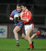 25 February 2011; Harry Og Morgan, St. Patrick's Academy, Dungannon, in action against Aidan Breen, St. Michael's, Enniskillen. BT MacRory Cup Semi-Final, St. Patrick's Academy, Dungannon v St. Michael's, Enniskillen, Healy Park, Omagh, Co. Tyrone. Picture credit: Oliver McVeigh / SPORTSFILE