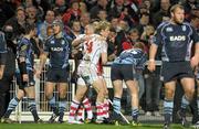 25 February 2011;  Andrew Trimble, Ulster, is congratulated after scoring his side's third try by team-mate Ian Humphreys, left. Celtic League, Ulster v Cardiff Blues, Ravenhill Park, Belfast, Co. Antrim. Photo by Sportsfile