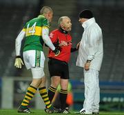 26 February 2011; Match referee Marty Duffy, under the watchful eyes of Kerry forward Kieran Donaghy, checks a decision, to mark a kick wide, with one of his umpires. Allianz Football League, Division 1, Round 3, Dublin v Kerry, Croke Park, Dublin. Picture credit: Ray McManus / SPORTSFILE