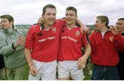 15 April 2000;  Munster's Anthony Foley, left, and David Wallace celebrate victory over Stade Francais. European Rugby Cup Quarter-Final, Munster v Stade Francais, Thomond Park, Limerick. Rugby. Photo by Brendan Moran/Sportsfile