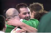 19 February 2000; Ireland's Anthony Foley, right, celebrates his sides win with teammate Keith Wood. Ireland v Scotland, Six Nations, Lansdowne Road. Rugby. Picture credit; Brendan Moran/SPORTSFILE