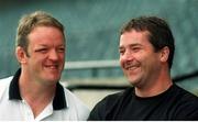 16 October 2001; Mick Galwey, left, and Anthony Foley are interviewed by media after the team announcement at Lansdowne Road, Co. Dublin. Rugby. Photo by Damien Eagers / SPORTSFILE