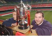 31 January 2003; Neaths Gareth Llewellyn, left, and Munsters Anthony Foley with the Celtic league trophy pictured in The Millenium Stadium, Cardiff, Wales. Rugby. Picture credit; Brian Lawless / SPORTSFILE