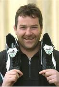 2 March 2004; Ireland Number 8 Anthony Foley pictured with the uniquely personalised pair of Puma King SL boots which he will wear on Saturday at Twickenham. The boots acknowledge the Munsterman's achievement of reaching 50 caps for his country. Photo by Damien Eagers/Sportsfile