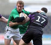 27 February 2011; Gavin Duffy, Connacht, is tackled by Ryan Bevington and Ian Evans, Ospreys. Celtic League, Ospreys v Connacht, Liberty Stadium, Swansea, Wales. Picture credit: Steve Pope / SPORTSFILE