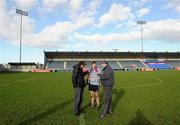 27 February 2011; The Dublin captain Liam Ryan is interviewed by journalists Niall Scully, left, and Declan Drake. Walsh Cup Final, Dublin v Kilkenny, Parnell Park, Donnycarney, Dublin. Picture credit: Ray McManus / SPORTSFILE