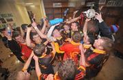 27 February 2011; The Ardscoil Ris team celebrate in the dressing room with manager Niall Moran after victory over Charleville CBS in the Dr. Harty Cup Final match between Ardscoil Ris and Charleville CBS at Gaelic Grounds in Limerick. Photo by Diarmuid Greene/Sportsfile