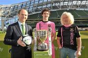 28 February 2011; At the launch of the 2011 Airtricity League are, from left, Stephen Wheeler, Managing Director Airtricity, with Wexford Youths' Paul Malone and team manager and newly elected T.D. for Wexford Mick Wallace. Airtricity League Launch Photocall, Aviva Stadium, Lansdowne Road, Dublin. Picture credit: David Maher / SPORTSFILE