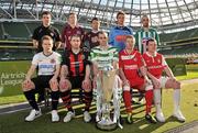 28 February 2011; At the launch of the 2011 Airtricity League are Premier Division players, back row, from left, Kevin Deery, Derry City, Paul Sinnott, Galway United, Brian Gannon, Drogheda United, Michael Leahy, UCD, and Gary Dempsey, Bray Wanderers, with, front, from left, Simon Madden, Dundalk, Owen Heary, Bohemians, Dan Murray, Shamrock Rovers, Richie Ryan, Sligo Rovers and Derek Pender, St Patrick's Athletic. Airtricity League Launch Photocall, Aviva Stadium, Lansdowne Road, Dublin. Picture credit: David Maher / SPORTSFILE