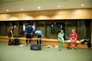 28 February 2011; Preparing in the dressing rooms for the launch of the 2011 Airtricity League are, from left, Owen Heary, Bohemians, Scott Gaynor, Athlone Town, Michael Leahy, UCD, Gary Dempsey, Bray Wanderers, and Richie Ryan, Sigo Rovers. Airtricity League Launch Photocall, Aviva Stadium, Lansdowne Road, Dublin. Picture credit: Brendan Moran / SPORTSFILE