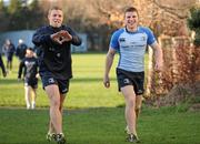 28 February 2011; Leinster' players Ian Madigan, left, and Andrew Conway arrive for squad training ahead of their Celtic League game against Scarlets on Friday. Leinster Rugby Media Briefing and Squad Training, UCD, Belfield, Dublin. Picture credit: Barry Cregg / SPORTSFILE