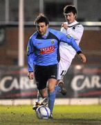 28 February 2011; Sean Harding, UCD, in action against Mark Patton, Lisburn Distillery. Setanta Sports Cup, First Round, Second Leg, Lisburn Distillery v UCD, New Grosvenor Stadium, Ballyskeagh, Co. Down. Picture credit: Oliver McVeigh / SPORTSFILE