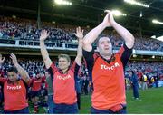 23 April 2006; Anthony Foley, right, Shaun Payne and Federico Pucciariello, Munster, celebrates after the final whistle. Heineken Cup 2005-2006, Semi-Final, Leinster v Munster, Lansdowne Road, Dublin. Picture credit: Matt Browne / SPORTSFILE