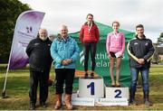 16 October 2016; Pictured during presentations for the Junior womens 4km race are, from left, John Cronin, Athletics Ireland, David Conway, National Sports Campus, Cari Hughes of Wales, gold, Sophie Murphy of Dundrum South Dublin, Co Dublin, silver, and Coilin O'Reilly, Fingal County Council at the Autumn Open Cross Country Festival at the National Sports Campus in Abbotstown, Dublin.  Photo by Sam Barnes/Sportsfile