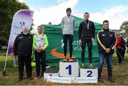 16 October 2016; Pictured during the presentations for the Senior mens 8km race are, from left, John Cronin, Athletics Ireland, Michael Somers of Belgium, fourth place, Mark Christie of Mullingar Harriers, Co Westmeath, first place,  Adam Nowicki of Poland, second place and Coilin O'Reilly, Fingal County Council at the Autumn Open Cross Country Festival at the National Sports Campus in Abbotstown, Dublin.  Photo by Sam Barnes/Sportsfile