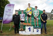 16 October 2016; Pictured during the presentations for the Junior mens 6km race are, from left, John Cronin, Athletics Ireland, Paul O'Donnell of Dundrum South Dublin, Co Dublin, bronze, Craig McMeechan of North Down AC, Co Down, gold, and Fearghal Curtin of Youghal AC, Co Cork, silver, and Coilin O'Reilly, Fingal County Council at the Autumn Open Cross Country Festival at the National Sports Campus in Abbotstown, Dublin.  Photo by Sam Barnes/Sportsfile