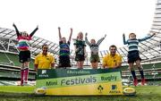 17 October 2016; Former Mini Rugby player and Aviva Ambassador, Robbie Henshaw and Irish International Sophie Spence with current Aviva Mini Rugby stars from left, Aiobheann Egan, 10, Suttonians RFC, Eóin Kelly 9, Seapoint RC, Michelle Kearney, 11, Greystones RFC, Tom Kearney 9, Greystones RFC and Billy Canny, 8, Suttonians RFC pictured during the Aviva's Mini Rugby Season Launch at the Aviva Stadium in Dublin.  The four provincial Aviva Mini Rugby Festivals are taking place throughout October and every club that competes is in with a chance to play in the Aviva National Mini Rugby Festival in May 2017, which he held on the famous Aviva Stadium pitch.  Photo by Sam Barnes/Sportsfile