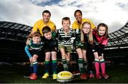 17 October 2016; Former Mini Rugby player and Aviva Ambassador, Robbie Henshaw and Irish International Sophie Spence with current Aviva Mini Rugby stars from left, Billy Canny, 8, Suttonians RFC, Eóin Kelly 9, Seapoint RC, Tom Kearney 9, Greystones RFC, Michelle Kearney, 11, Greystones RFC and Aiobheann Egan, 10, Suttonians RFC, pictured during the Aviva's Mini Rugby Season Launch at the Aviva Stadium in Dublin.  The four provincial Aviva Mini Rugby Festivals are taking place throughout October and every club that competes is in with a chance to play in the Aviva National Mini Rugby Festival in May 2017, which he held on the famous Aviva Stadium pitch.  Photo by Sam Barnes/Sportsfile
