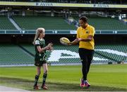 17 October 2016; Ireland International Sophie Spence with current Aviva Mini Rugby star Michelle Kearney, 11, Greystones RFC pictured during the Aviva's Mini Rugby Season Launch at the Aviva Stadium in Dublin.  The four provincial Aviva Mini Rugby Festivals are taking place throughout October and every club that competes is in with a chance to play in the Aviva National Mini Rugby Festival in May 2017, which he held on the famous Aviva Stadium pitch.  Photo by Sam Barnes/Sportsfile