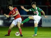17 October 2016; Gavan Holohan of Cork City has his shot blocked by Lee Desmond of St Patrick's Athletic during the SSE Airtricity League Premier Division game between St Patrick's Athletic and Cork City at Richmond Park in Dublin. Photo by Seb Daly/Sportsfile