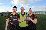 27 February 2011; Ardscoil Rís joint captains Declan Hannon, left, and Shane Dowling with manager Niall Moran after victory over Charleville CBS. Dr. Harty Cup Final, Ardscoil Ris v Charleville CBS, Gaelic Grounds, Limerick. Picture credit: Diarmuid Greene / SPORTSFILE