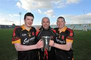 27 February 2011; Ardscoil Rís joint captains Declan Hannon, left, and Shane Dowling with coach Derek Larkin after victory over Charleville CBS. Dr. Harty Cup Final, Ardscoil Ris v Charleville CBS, Gaelic Grounds, Limerick. Picture credit: Diarmuid Greene / SPORTSFILE