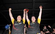 27 February 2011; Ardscoil Rís joint captains Shane Dowling, left, and Declan Hannon lift the cup after victory over Charleville CBS. Dr. Harty Cup Final, Ardscoil Ris v Charleville CBS, Gaelic Grounds, Limerick. Picture credit: Diarmuid Greene / SPORTSFILE