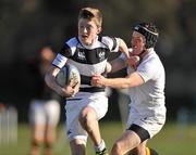 1 March 2011; Mark White, Belvedere College SJ, is tackled by Jak Lawrence, Presentation College, Bray. Powerade Leinster Schools Junior Cup 1st Round, Presentation College, Bray v Belvedere College SJ, Anglesea Road, Dublin. Picture credit: David Maher / SPORTSFILE