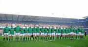 27 February 2011; The Ireland team stand together for the National Anthem before the game. RBS Six Nations Rugby Championship, Scotland v Ireland, Murrayfield, Edinburgh, Scotland. Picture credit: Brendan Moran / SPORTSFILE