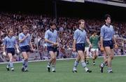 27 July 1986; Members of the Dublin team during the pre-match parade, from left, Barney Rock, Charlie Redmond, Kieran Duff, Leo Close and Jim Bissett. Leinster Senior Football Final, Meath v Dublin, Croke Park, Dublin. Picture credit; Ray McManus / SPORTSFILE