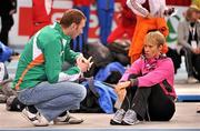 3 March 2011; Ireland's Derval O'Rourke with her coach Sean Cahill in the Palais Omnisports de Paris-Bercy ahead of this weekend's European Indoor Athletics Championship. Palais Omnisports de Paris-Bercy, Paris, France. Picture credit: Brendan Moran / SPORTSFILE