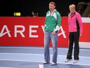 3 March 2011; Ireland's Derval O'Rourke checks out the track with her coach Sean Cahill in the Palais Omnisports de Paris-Bercy ahead of this weekend's European Indoor Athletics Championship. Palais Omnisports de Paris-Bercy, Paris, France. Picture credit: Brendan Moran / SPORTSFILE