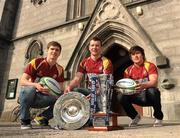 3 March 2011; Members of Colaiste Iognaid Senior Cup Team, from left, Neils Murphy, Bryan Dixon, captain, and Robert Murray with the RBS Six Nations Trophy and RBS Triple Crown. Over 100 young rugby players and fans from Colaiste Iognaid, Sea Road, Galway, were treated to a special sneak preview of the prestigious trophy courtesy of Ulster Bank as part of the Royal Bank of Scotland Group, sponsors of the RBS 6 Nations Championship. As part of the tour a giant inflatable kicking machine was in Eyre Square for the day as members of the public to tried their luck and entered a draw for Ireland V England tickets. Check out highlights of the tour on www.ulsterbank.com/rugby and www.facebook.com/ulsterbankrugby. Ulster Bank has launched a new club initiative, Ulster Bank RugbyForce, which helps rugby clubs around the country to improve their facilities. To register your rugby club, visit www.ulsterbank.com/rugby by March 25th, 2011. Colaiste Iognaid, Sea Road, Galway. Picture credit: Stephen McCarthy / SPORTSFILE