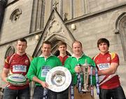 3 March 2011; Rugby stars Frankie Sheehan, right, and John Fogarty with members of Colaiste Iognaid Senior Cup Team, from left, Bryan Dixon, captain, Neils Murphy and Robert Murray. Over 100 young rugby players and fans from Colaiste Iognaid, Sea Road, Galway, were treated to a special sneak preview of the prestigious trophy courtesy of Ulster Bank as part of the Royal Bank of Scotland Group, sponsors of the RBS 6 Nations Championship. As part of the tour a giant inflatable kicking machine was in Eyre Square for the day as members of the public to tried their luck and entered a draw for Ireland V England tickets. Check out highlights of the tour on www.ulsterbank.com/rugby and www.facebook.com/ulsterbankrugby. Ulster Bank has launched a new club initiative, Ulster Bank RugbyForce, which helps rugby clubs around the country to improve their facilities. To register your rugby club, visit www.ulsterbank.com/rugby by March 25th, 2011. Colaiste Iognaid, Sea Road, Galway. Picture credit: Stephen McCarthy / SPORTSFILE