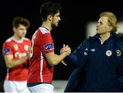 17 October 2016; Sam Verdon, left, of St Patrick's Athletic, is congratulated by manager Liam Buckley following the SSE Airtricity League Premier Division game between St Patrick's Athletic and Cork City at Richmond Park in Dublin. Photo by Seb Daly/Sportsfile
