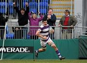 4 March 2011; Jordan Coghlan, Clongowes Wood College SJ, goes over to score is side's fifth try. Powerade Leinster Schools Senior Cup Semi-Final, St. Michael’s College v Clongowes Wood College SJ, Donnybrook Stadium, Donnybrook, Dublin. Picture credit: Brian Lawless / SPORTSFILE