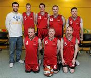 5 March 2011; The COPE Foundation, Cork, team, back row, from left, Conor Meany, member of the Men's Superleague National Cup Champions, UCD Marian, James Healy, Joseph McCarthy, Stephen Carroll, Dermot Coughlan, with, front row, from left, Paul Scully, James Healy and Stephen Field. Special Olympics Ireland National Basketball Cup, Loughlinstown Leisure Centre, Dun Laoghaire, Co. Dublin. Picture credit: Stephen McCarthy / SPORTSFILE
