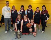 5 March 2011; The Shooting Stars team, back row, from left, Conor Meany, member of the Men's Superleague National Cup Champions, UCD Marian, Ruth Geerah, Alison Dunleavy, Margaret Dunican, Samantha Battams and Nuala Lawlor, coach, with, front row, from left, Orla Carpenter, Monica O'Gorman and Aine Naughton with the Men's Superleague National Cup. Special Olympics Ireland National Basketball Cup, Loughlinstown Leisure Centre, Dun Laoghaire, Co. Dublin. Picture credit: Stephen McCarthy / SPORTSFILE